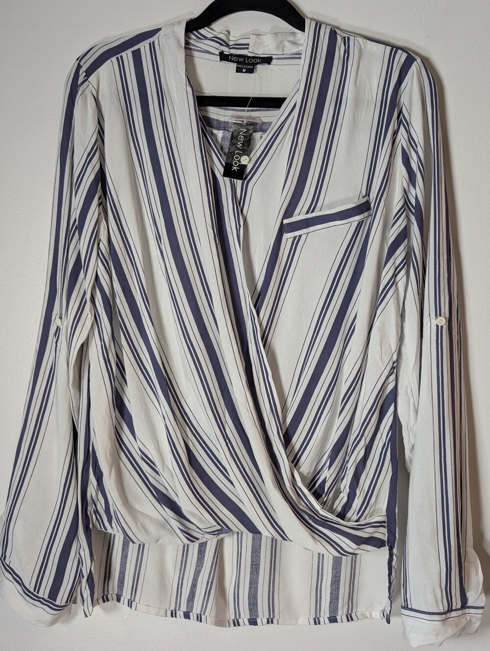 "New Look" Navy/White Stripe Long Sleeve Cross-over Blouse NWT Size M